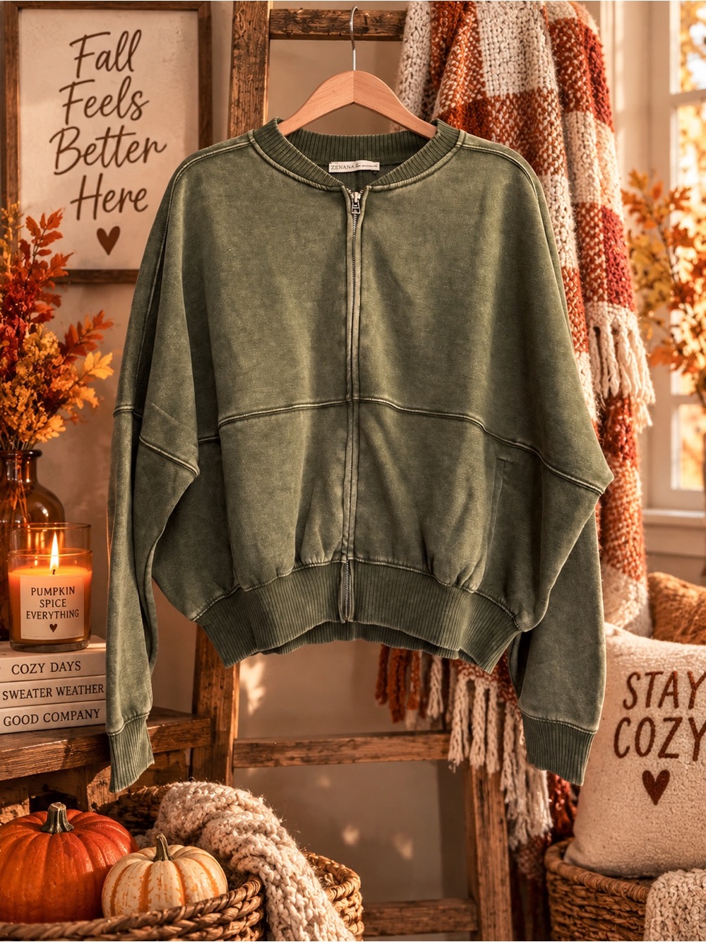 Zenana Outfitters Olive Green Zip-Front Crewneck Sweater